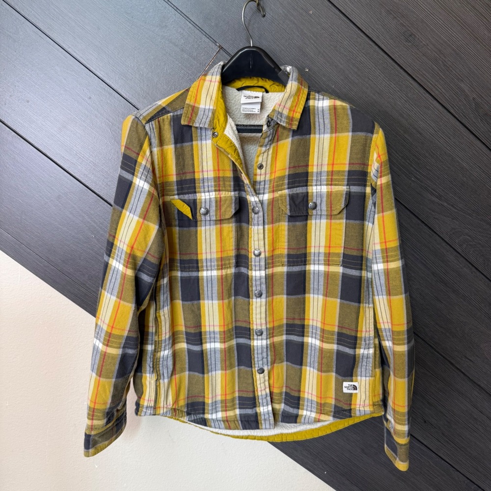 The North Face Women's Sherpa Lined Plaid Flannel Shirt Jacket Med Yellow Black